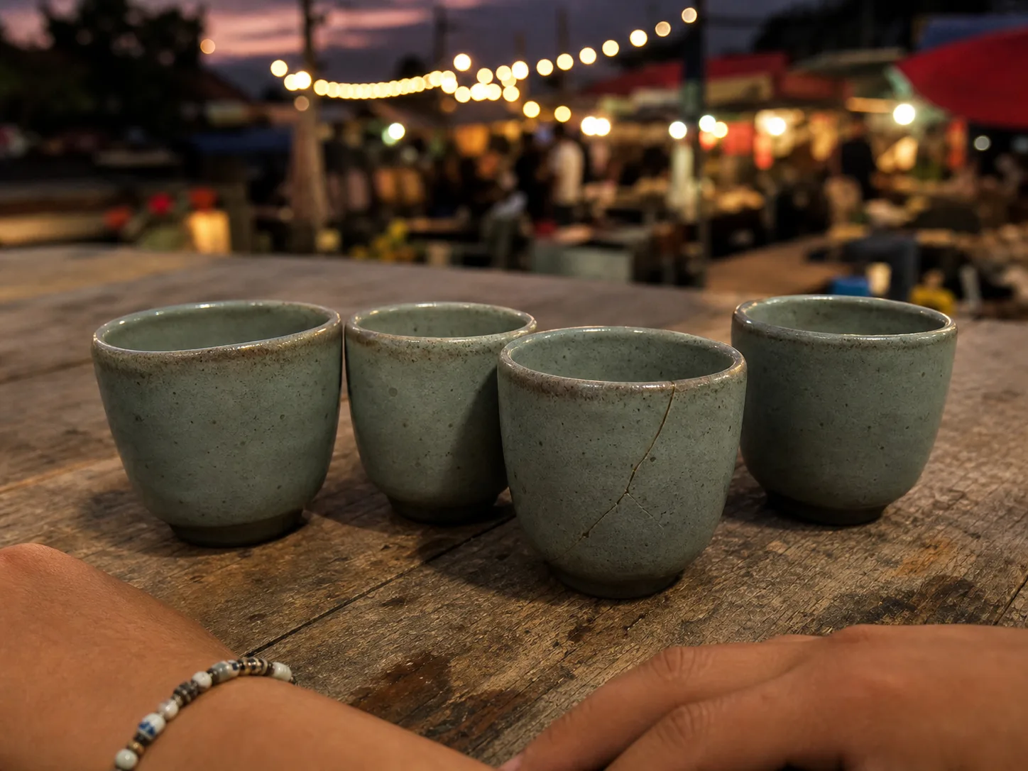 Four grey-green handmade stoneware cups on a wooden market table, one visibly cracked