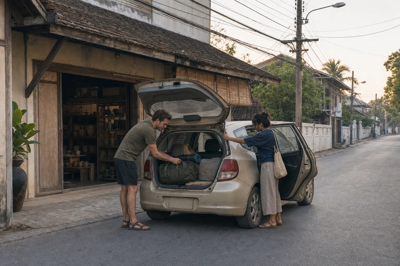 Alex loading the packed tea-coloured Honda outside the pottery studio at dawn in Chiang Mai, Jey at the open passenger door